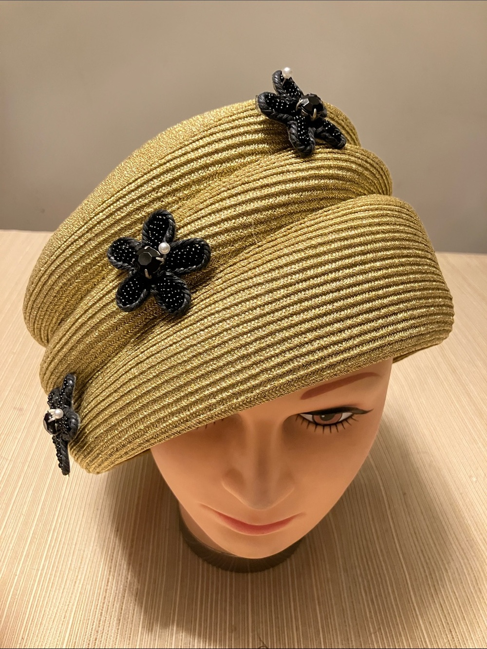 Elegant Metallic Gold Hat with Black Floral Beaded Crystal Accents